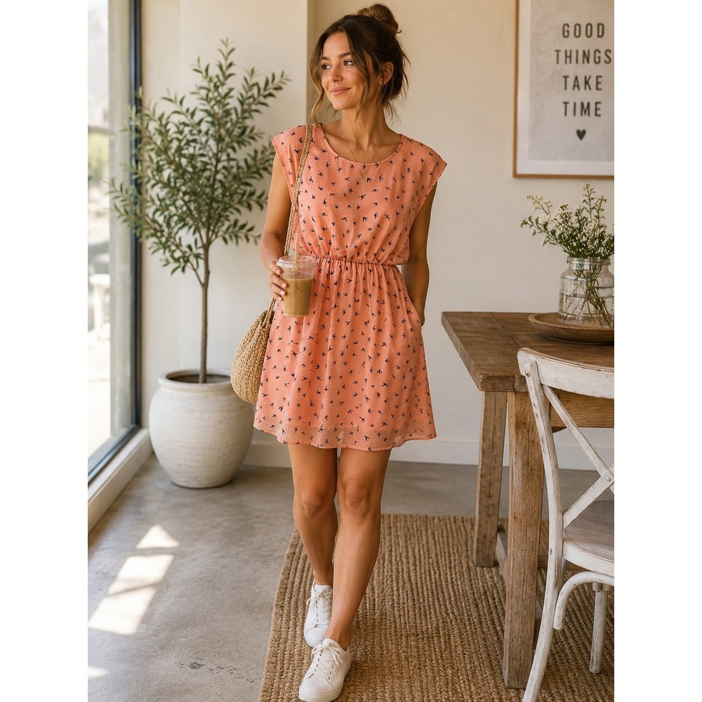 IXIA Womens‎ Medium Peach Bird Swallow Print Sleeveless Elastic Waist Mini Dress